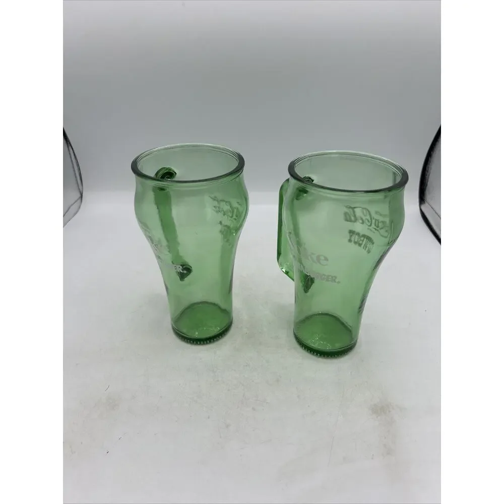 2 Vintage 1980's Coca-Cola Cowboy Whataburger Green Glass Handled Mugs